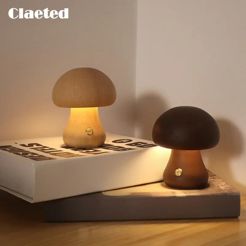 Claeted Wooden Mushroom Bedsid - Mushroom Table Lamp ulasan dan harga